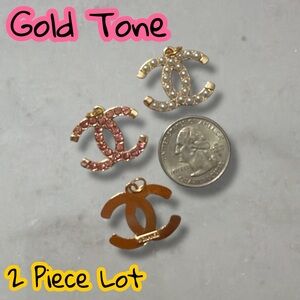 LAST ONE - 2 Piece Lot Gold Tone CC Zipper Pull Button Charm Pendant